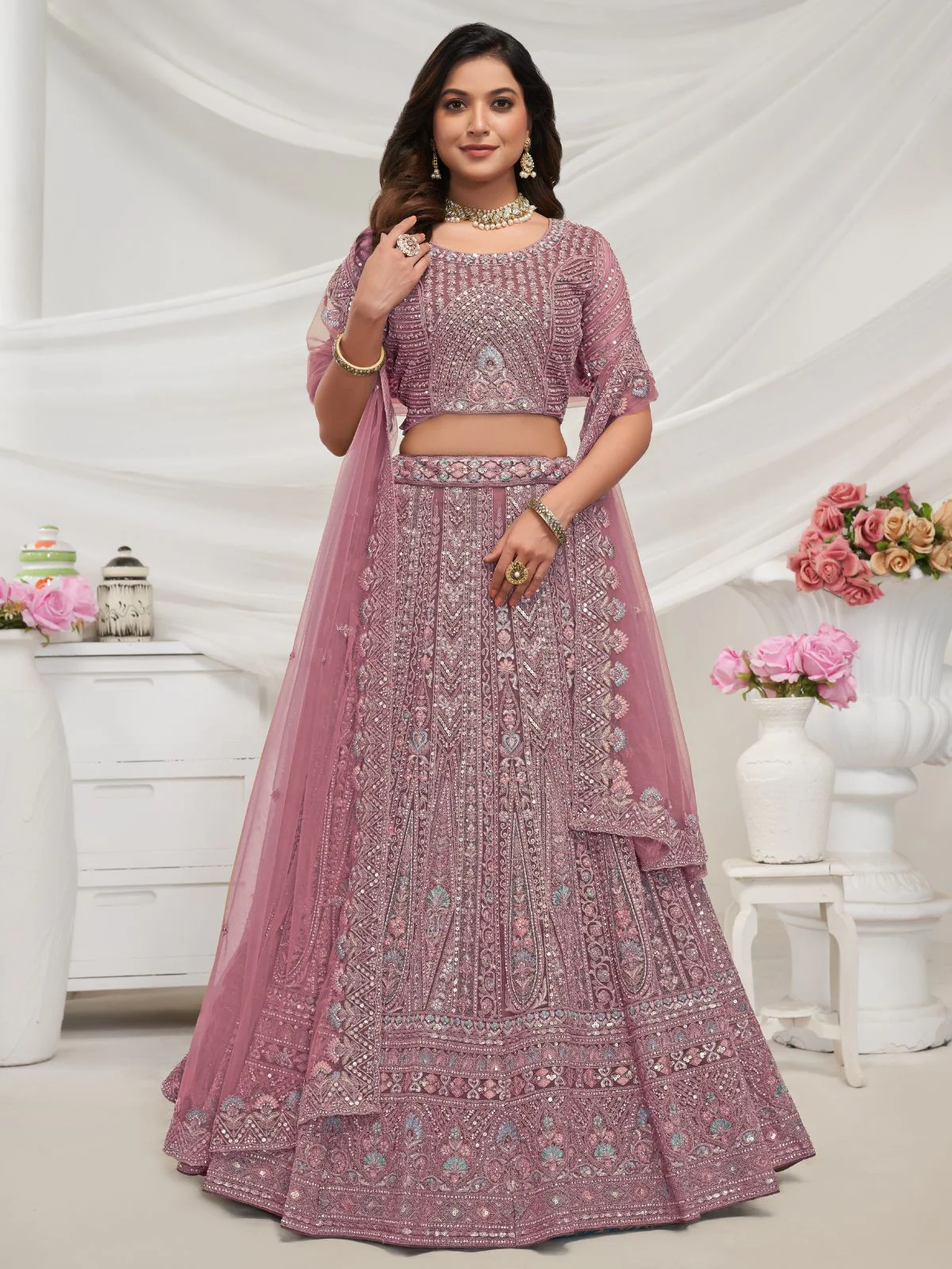Odette Mauve Soft Net Embroidered Semi Stitched Lehenga With Unstitched Blouse For Women - Image 2