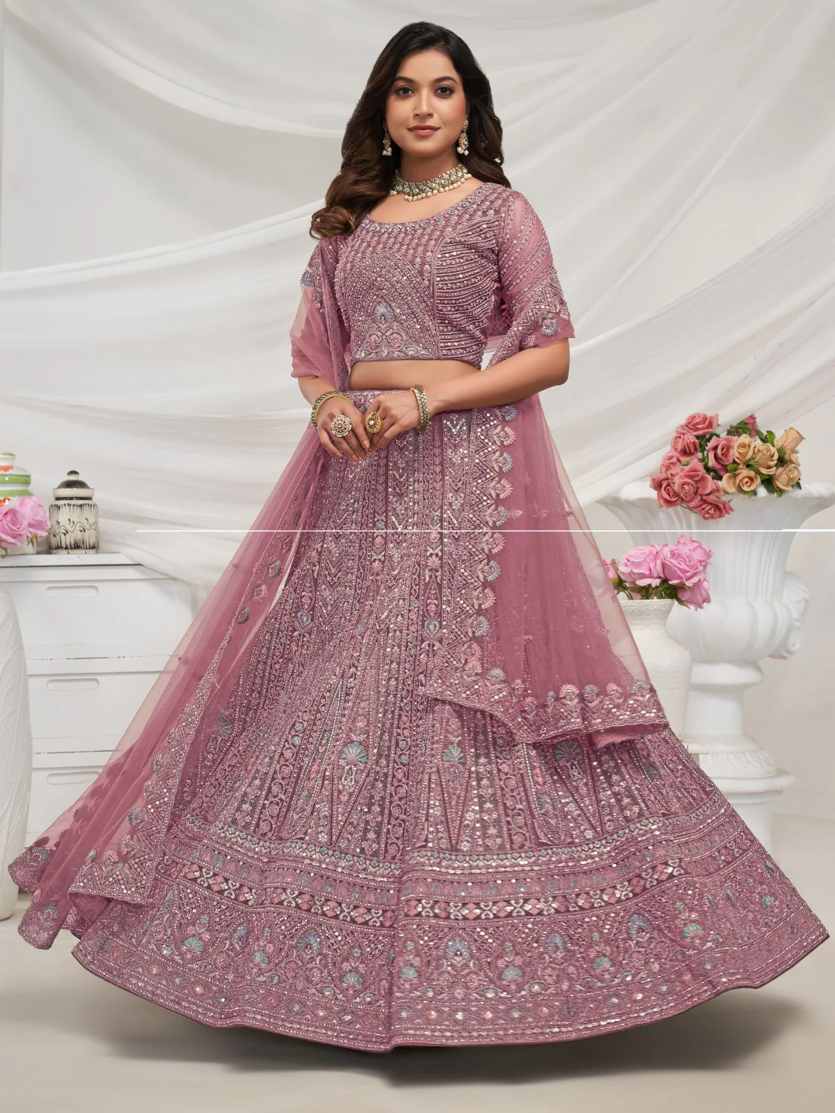 Odette Mauve Soft Net Embroidered Semi Stitched Lehenga With Unstitched Blouse For Women - Image 3