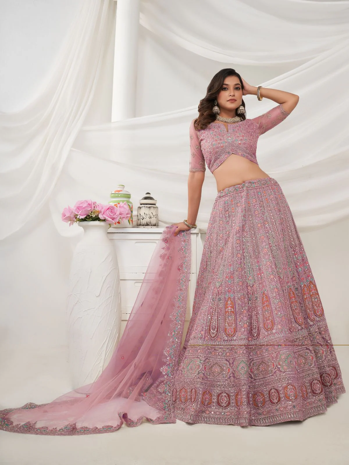 Odette Mauve Soft Net Embroidered Semi Stitched Lehenga With Unstitched Blouse For Women - Image 2