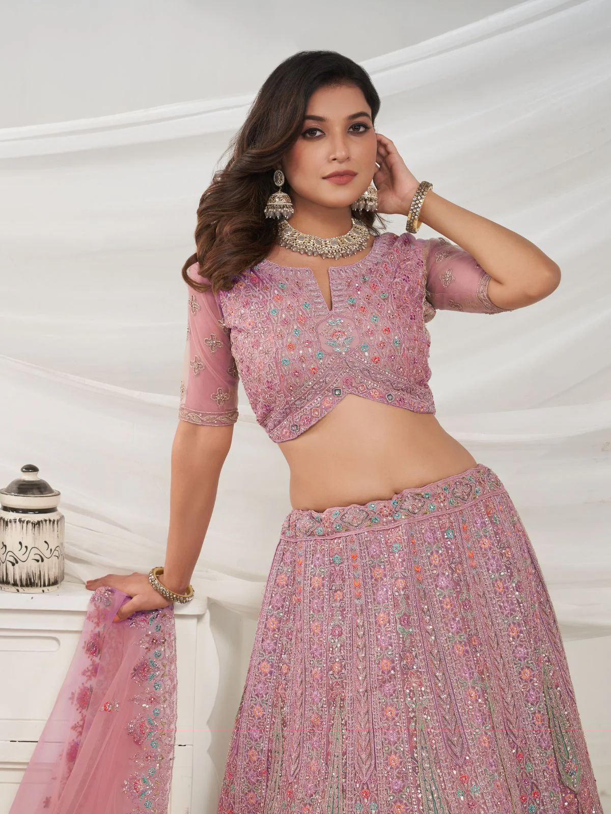 Odette Mauve Soft Net Embroidered Semi Stitched Lehenga With Unstitched Blouse For Women - Image 4