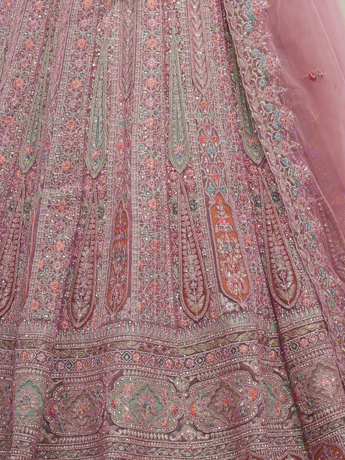 Odette Mauve Soft Net Embroidered Semi Stitched Lehenga With Unstitched Blouse For Women - Image 5