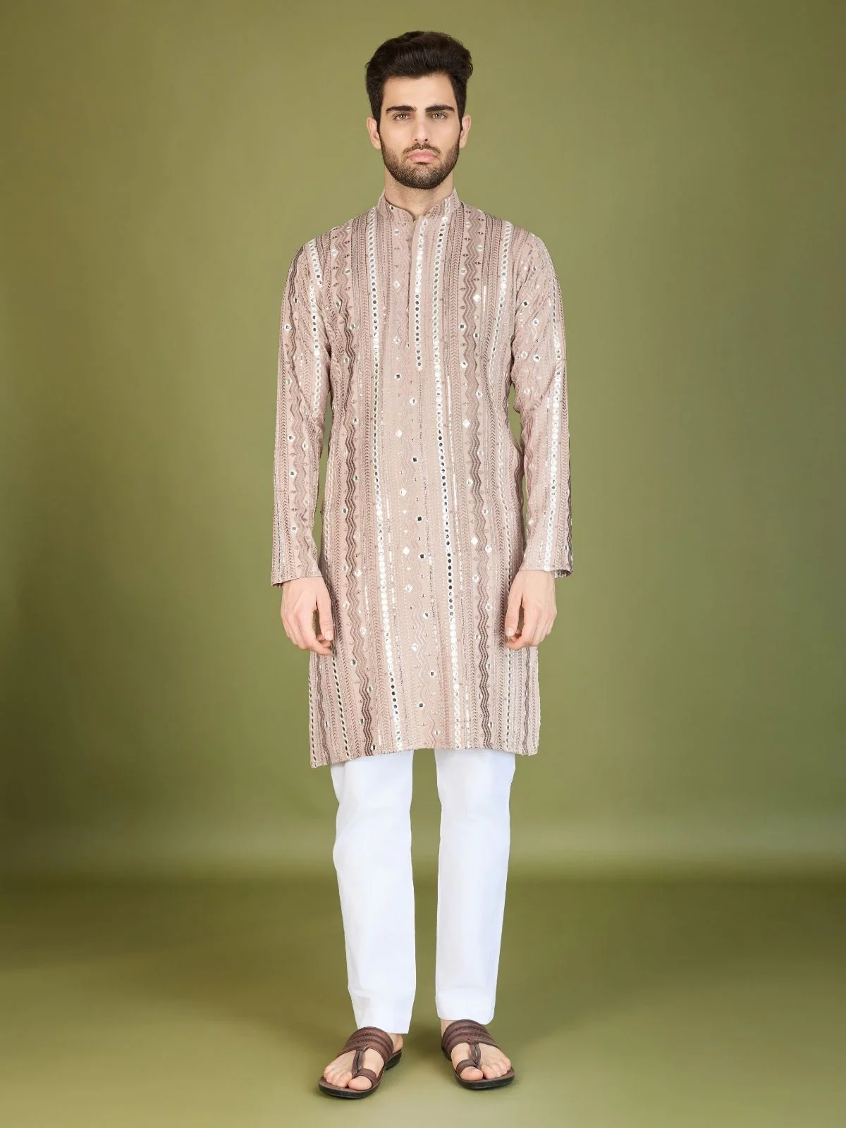 Odette Mauve Viscose Rayon Embroidered Stitched Kurta For Men - Image 2