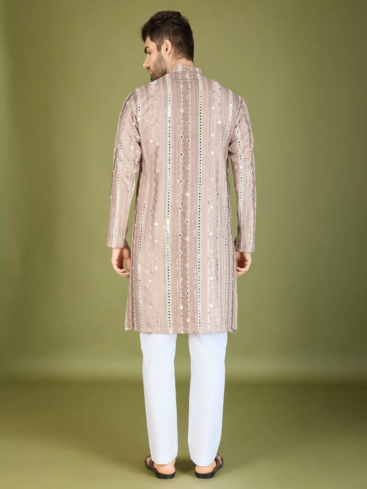 Odette Mauve Viscose Rayon Embroidered Stitched Kurta For Men - Image 4