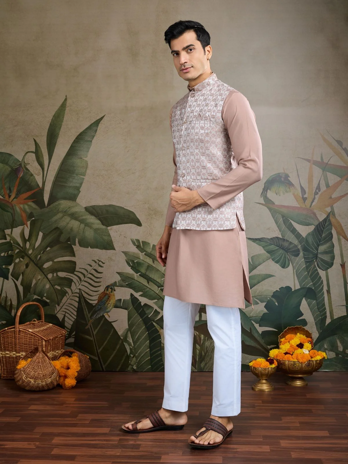 Odette Mauve Viscose Silk Woven Stitched Kurta For Men - Image 2