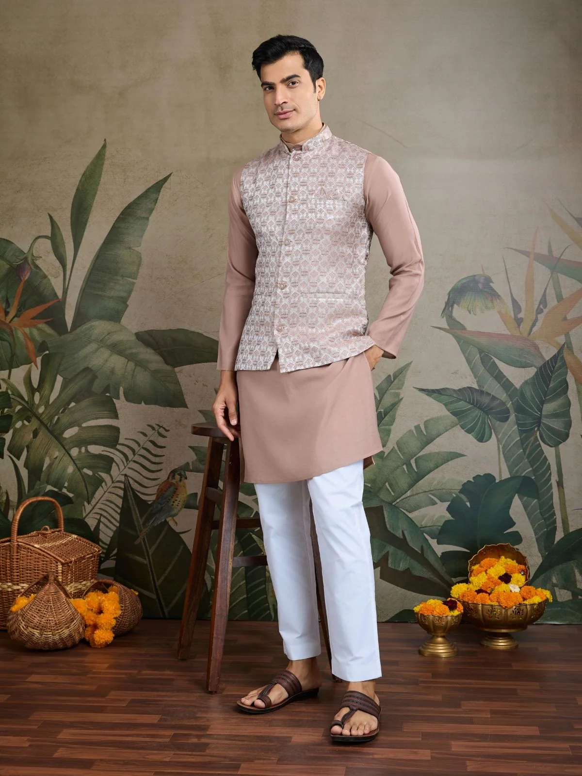 Odette Mauve Viscose Silk Woven Stitched Kurta For Men - Image 3