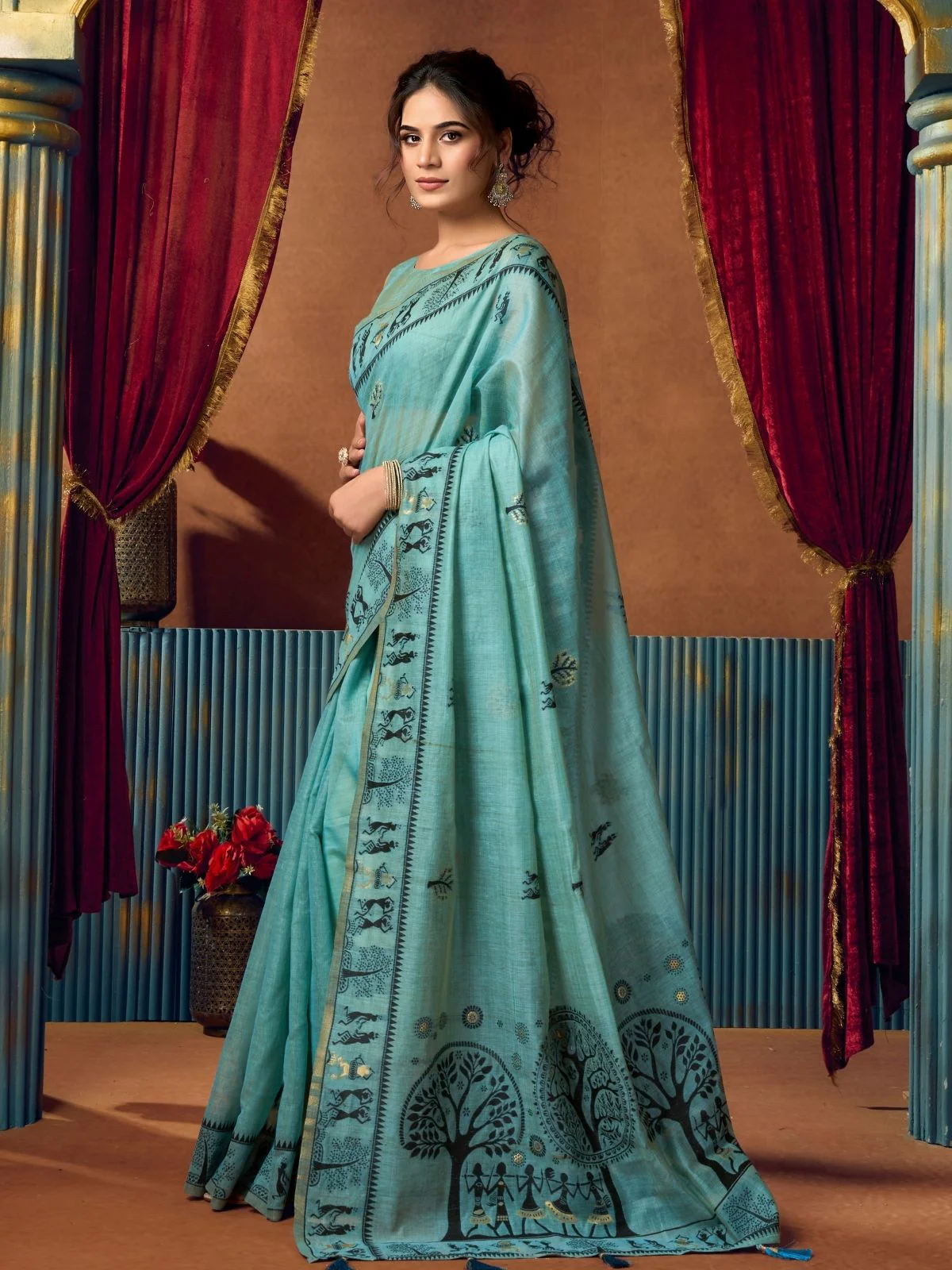 Odette Mint Green Cotton Blend Printed Saree For Women - Image 2