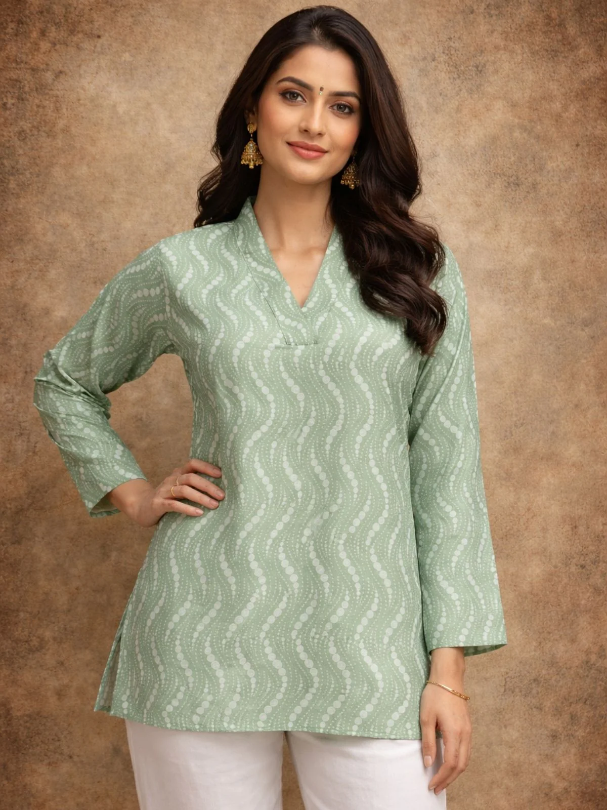 Odette Mint Green Silk Blend Printed Solid Kurti For Women