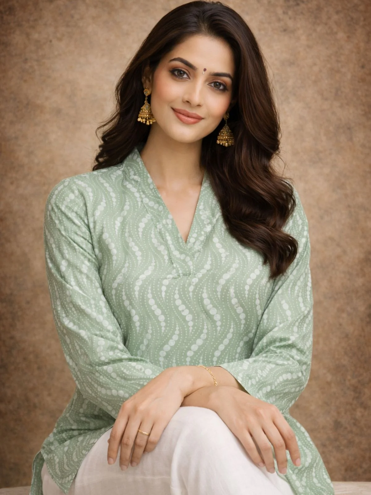 Odette Mint Green Silk Blend Printed Solid Kurti For Women - Image 2