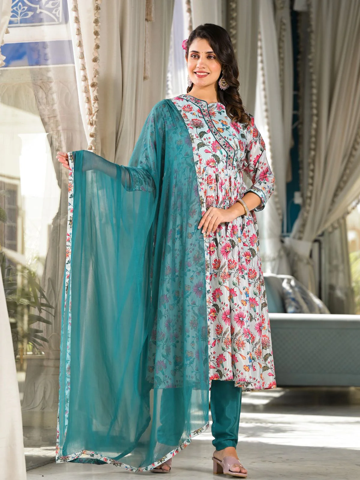 Odette Multicolor Printed Silk Blend Stitched Kurta Set For Women - Image 2