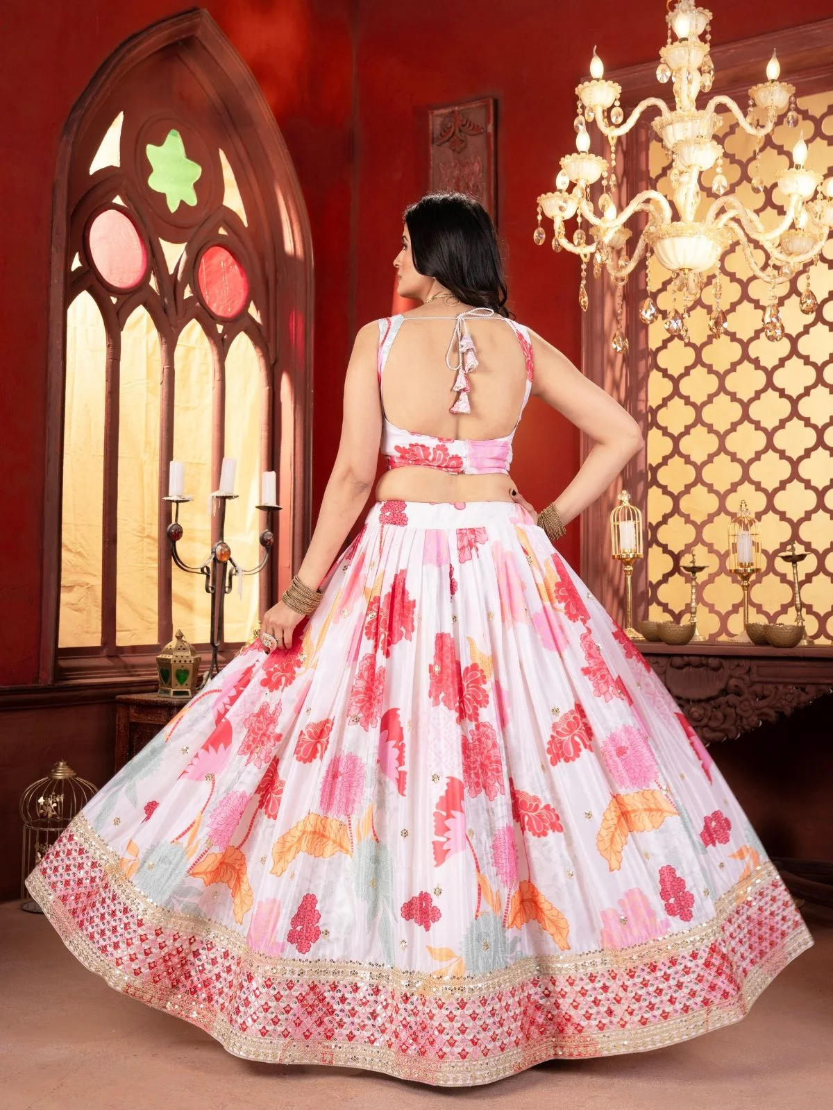 Odette Multi Colour Chinon Embellished Semi Stitched Lehenga For Women - Image 3