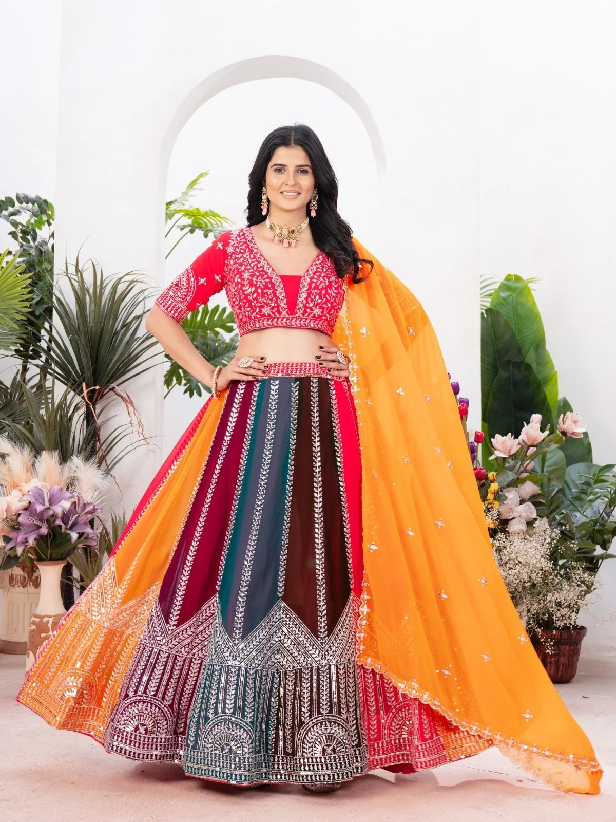 Odette Multi Colour Georgette Embellished Semi Stitched Lehenga For Women - Image 2