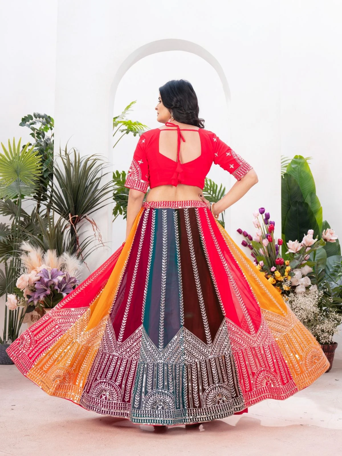 Odette Multi Colour Georgette Embellished Semi Stitched Lehenga For Women - Image 3