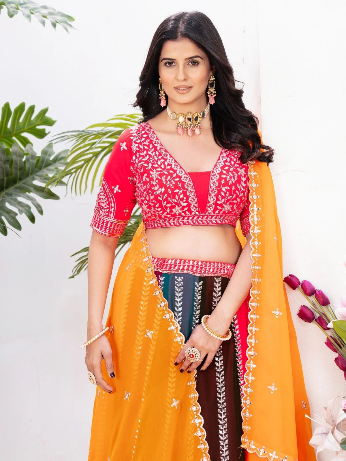 Odette Multi Colour Georgette Embellished Semi Stitched Lehenga For Women - Image 4