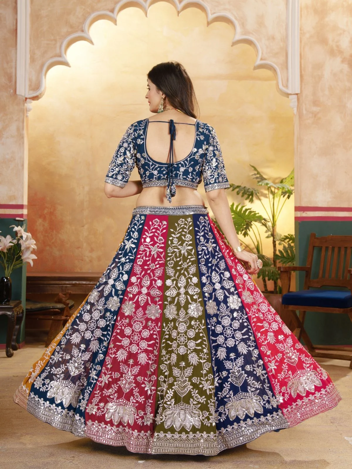 Odette Multi Colour Georgette Embellished Semi Stitched Lehenga For Women - Image 3