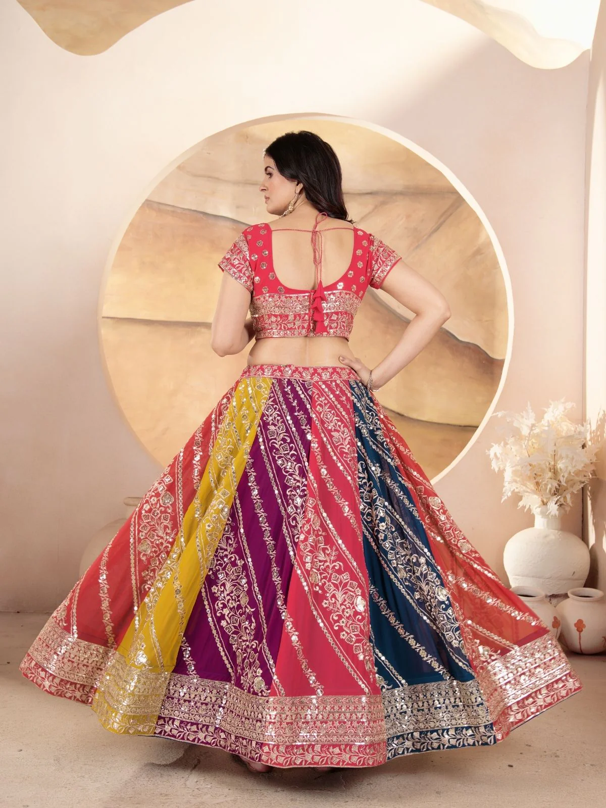 Odette Multi Colour Georgette Embellished Semi Stitched Lehenga For Women - Image 3