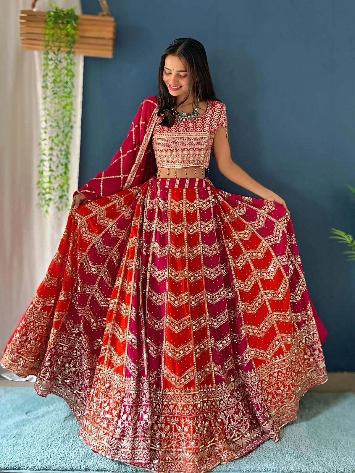 Odette Multi Colour Georgette Embellished Semi Stitched Lehenga For Women
