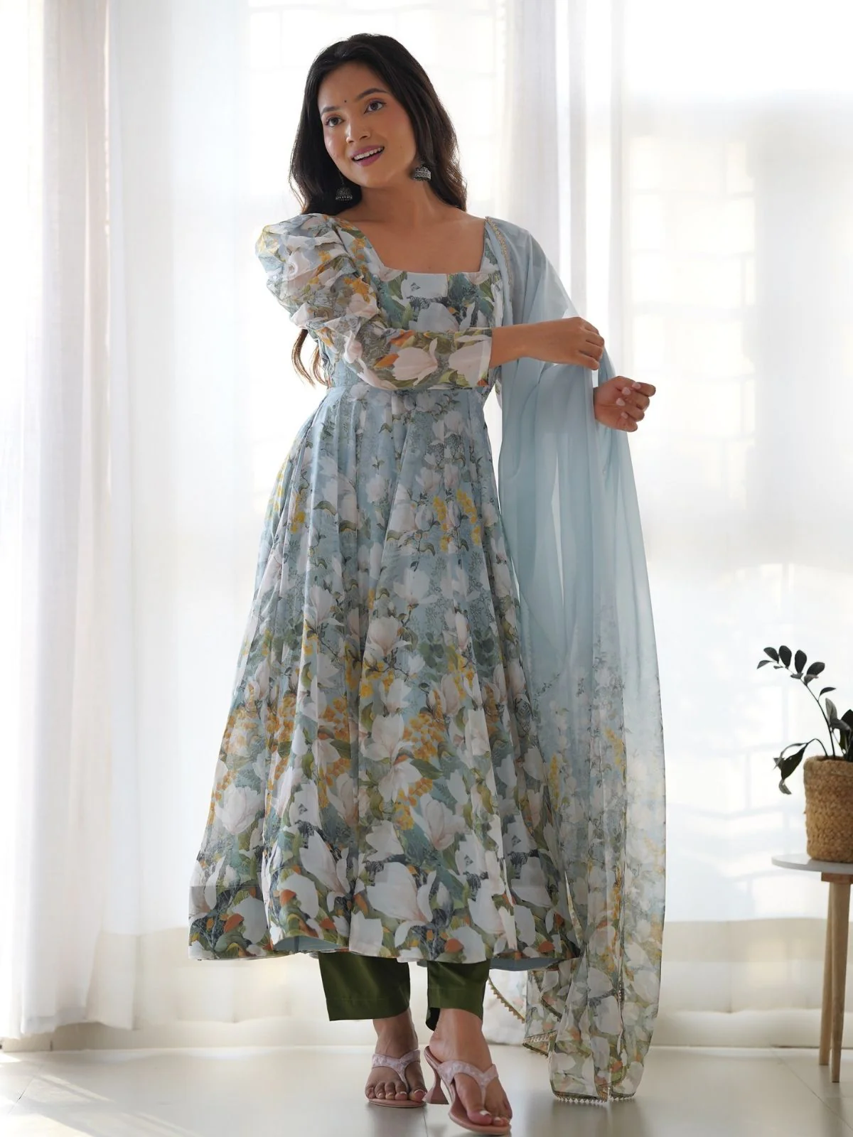 Odette Multi-colour Organza Silk Floral Digital Print Stitched Kurta Set For Women - Image 3