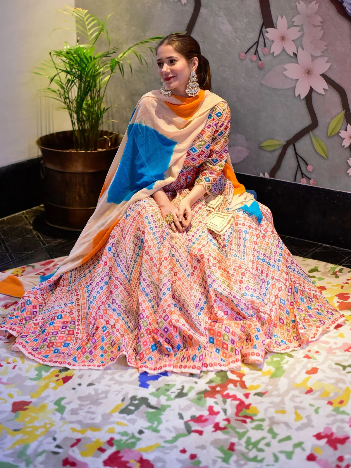 Odette Multi Silk Blend Printed Gown with Dupatta For Women - Image 2