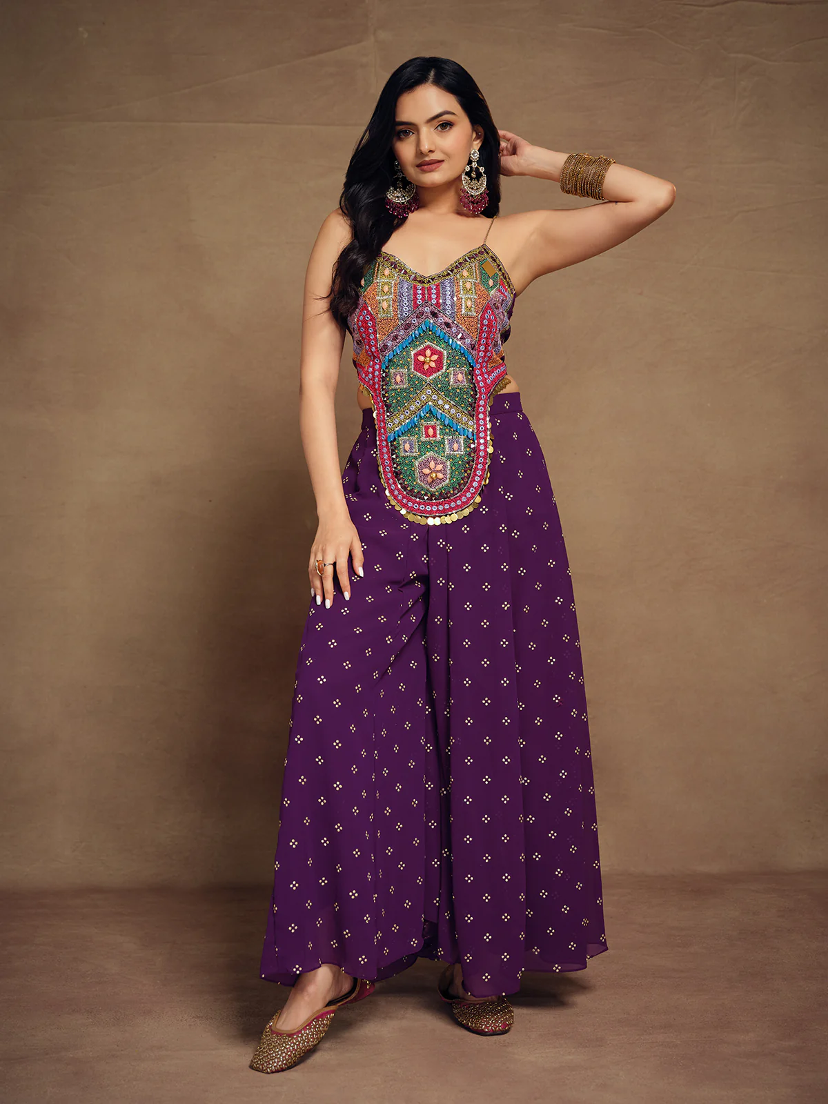 Odette Purple Art Silk Embroidered Indo Western Co ord Set For Women - Image 2