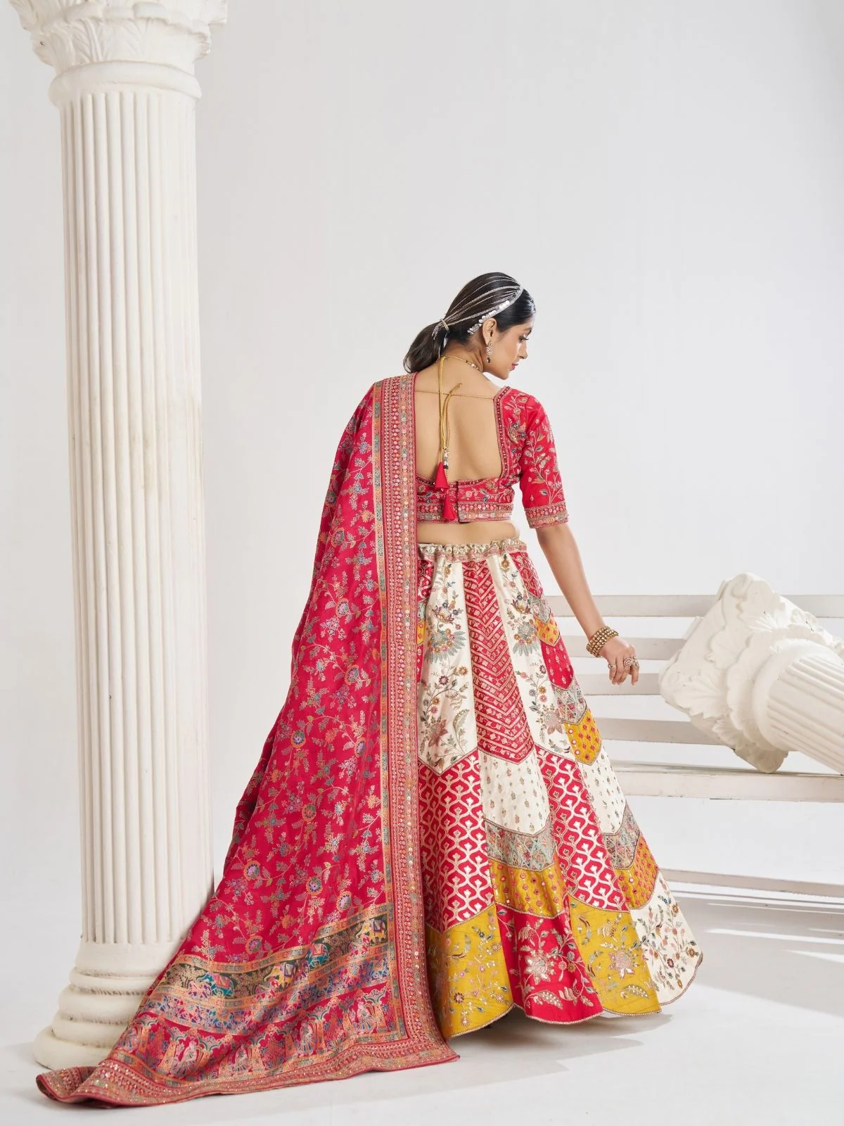 Odette Multicolor Banarasi Silk Embroidered Semi-Stitched Lehenga For Women - Image 4