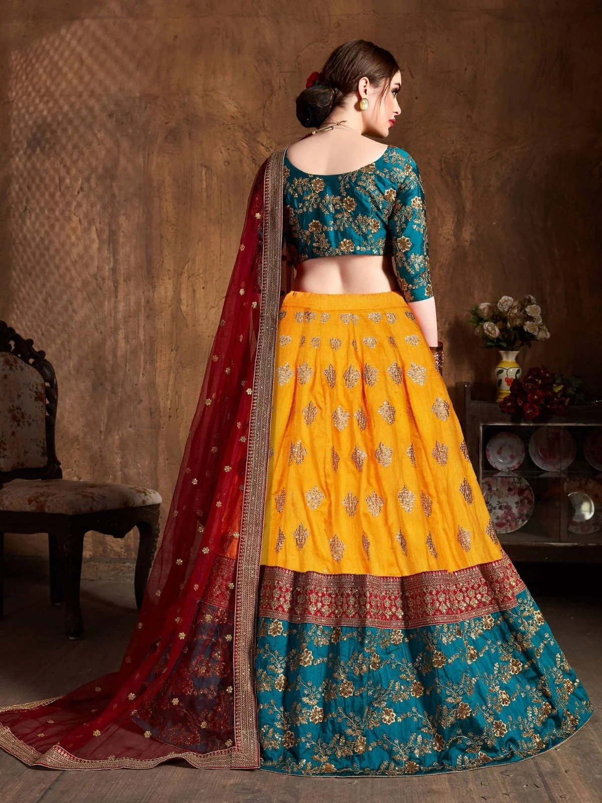 Odette Multicolor Banarasi Silk Embroidered Semi Stitched Lehenga With Blouse For Women - Image 3