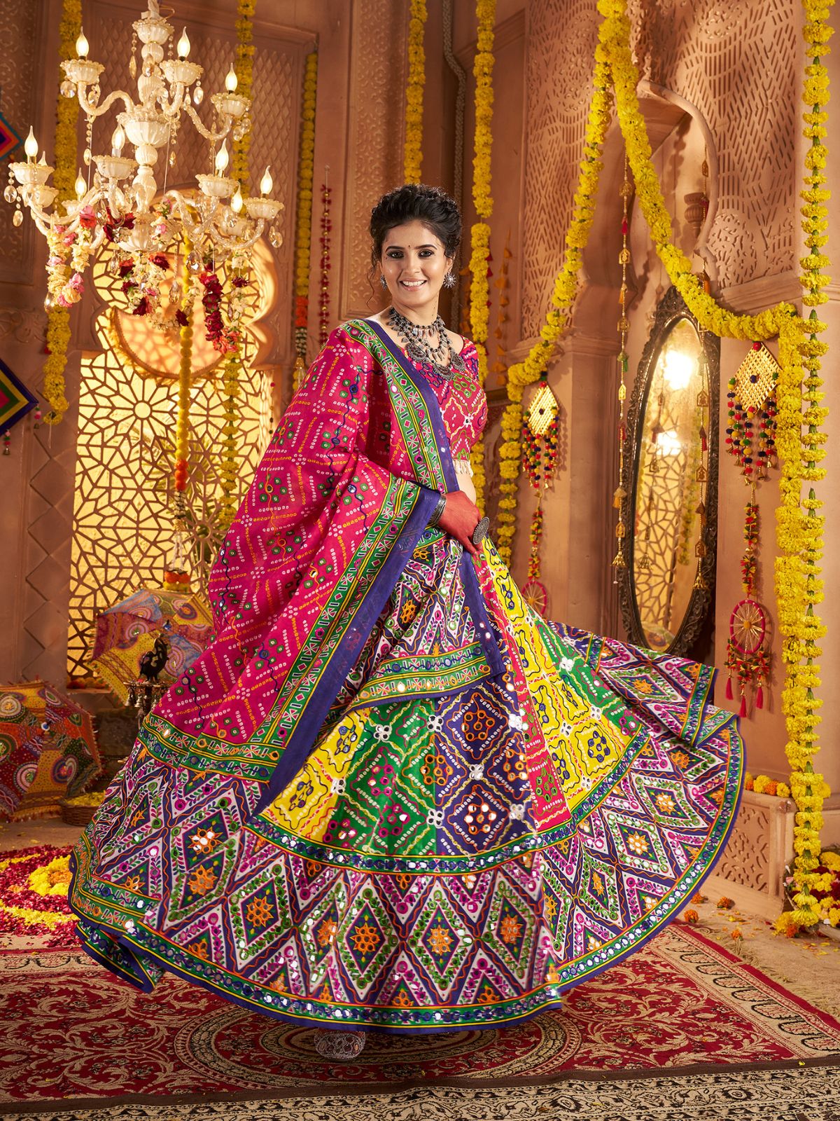 Odette Multicolor Cotton Blend Embroidered Semi-Stitched lehenga For Women - Image 2