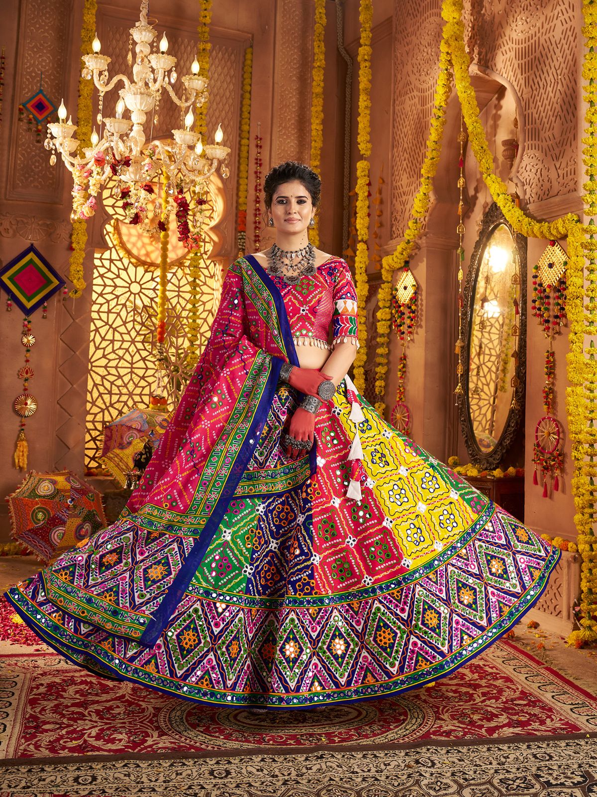 Odette Multicolor Cotton Blend Embroidered Semi-Stitched lehenga For Women - Image 3