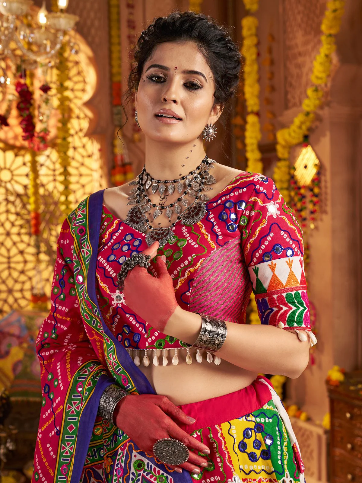 Odette Multicolor Cotton Blend Embroidered Semi-Stitched lehenga For Women - Image 4