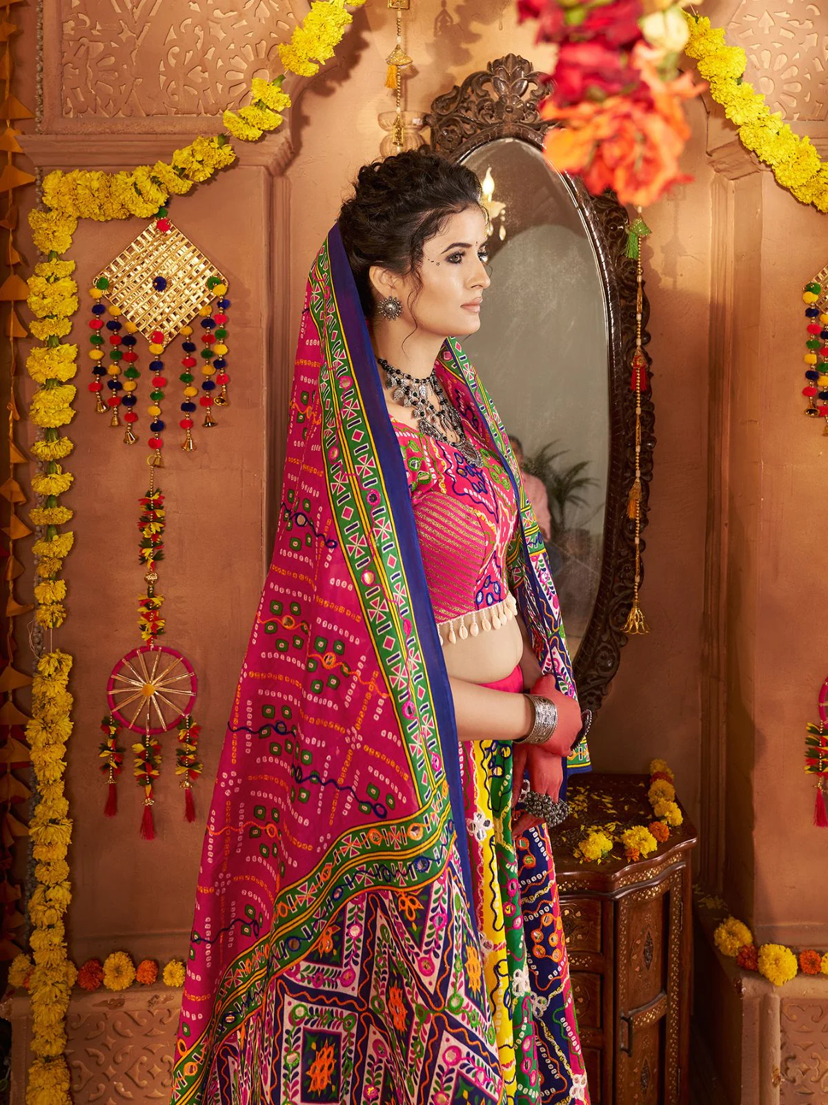 Odette Multicolor Cotton Blend Embroidered Semi-Stitched lehenga For Women - Image 5