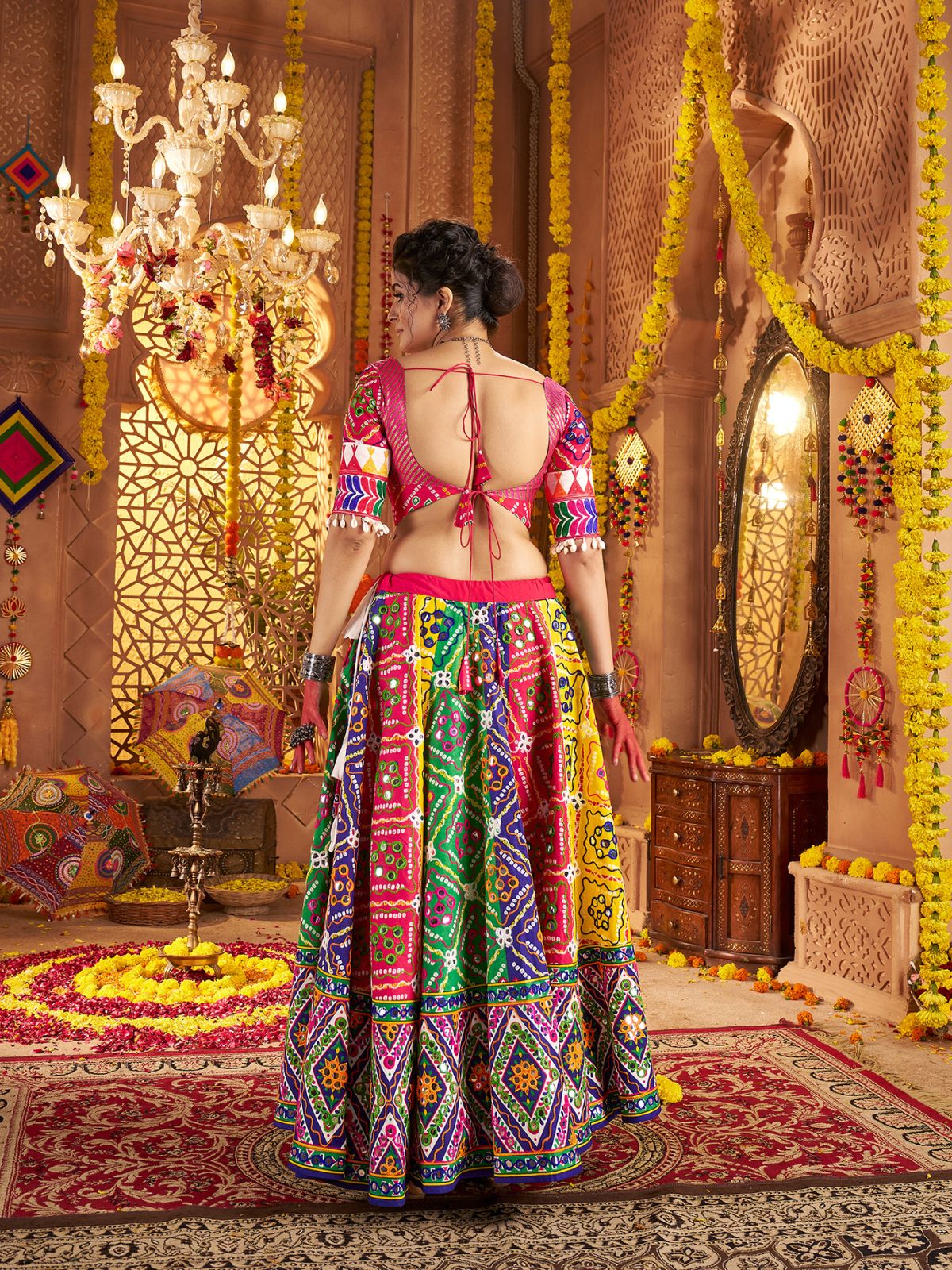 Odette Multicolor Cotton Blend Embroidered Semi-Stitched lehenga For Women - Image 6