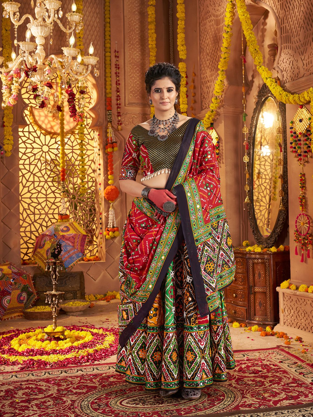 Odette Multicolor Cotton Blend Embroidered Semi-Stitched lehenga For Women - Image 2