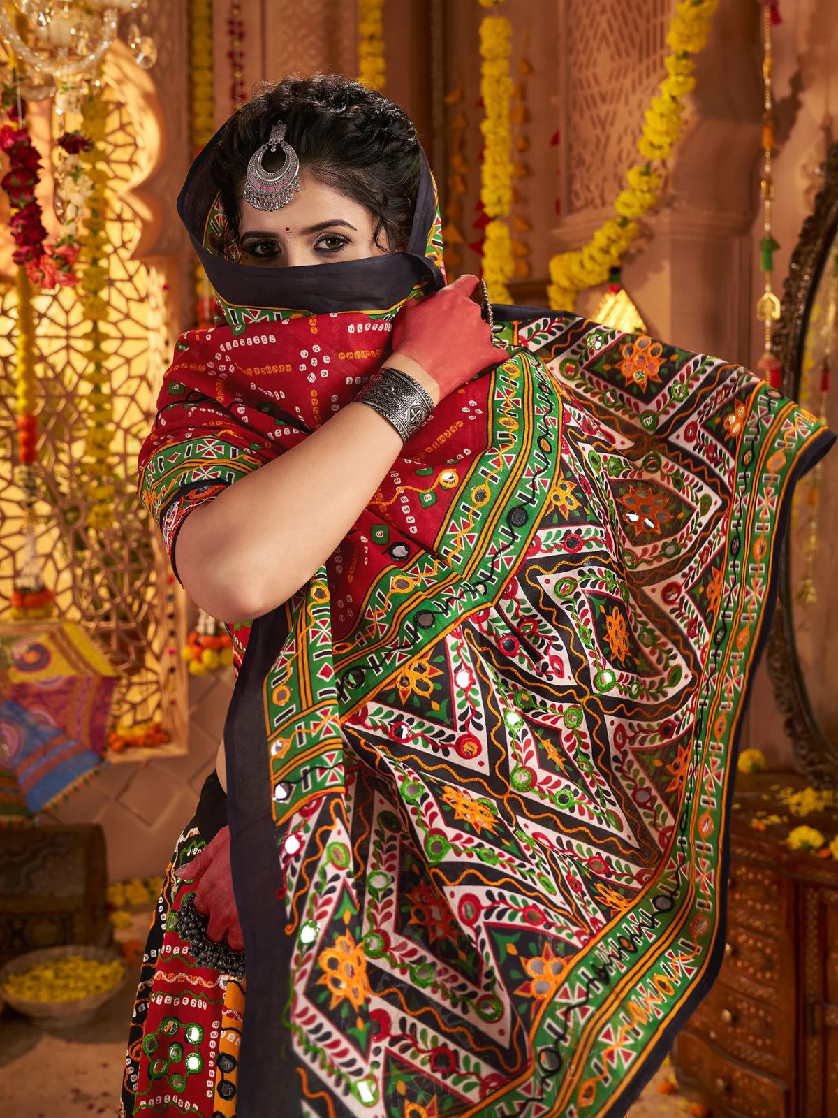 Odette Multicolor Cotton Blend Embroidered Semi-Stitched lehenga For Women - Image 5