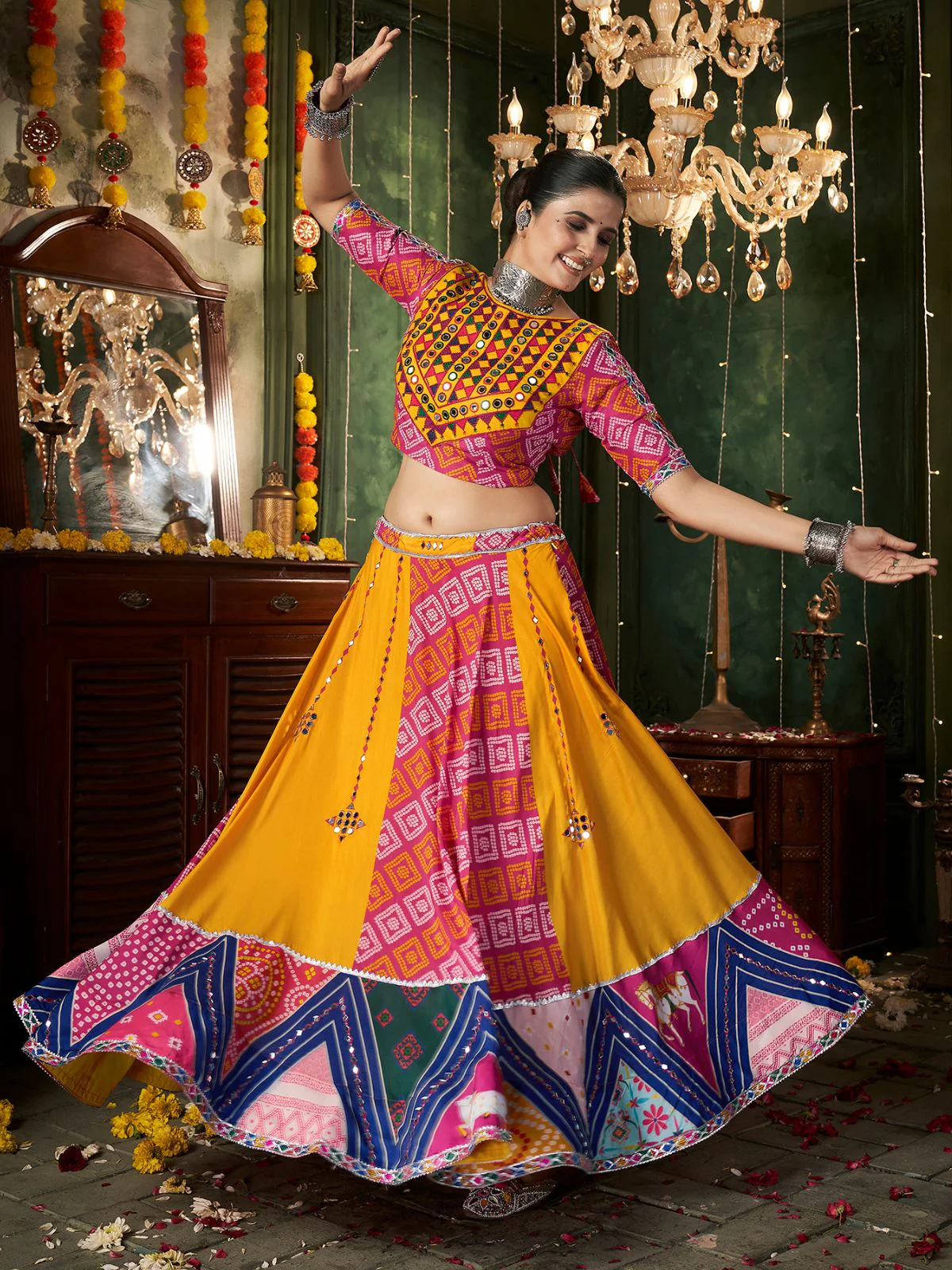 Odette Multicolor Cotton Blend Printed Stitched Lehenga With Blouse For Women - Image 4