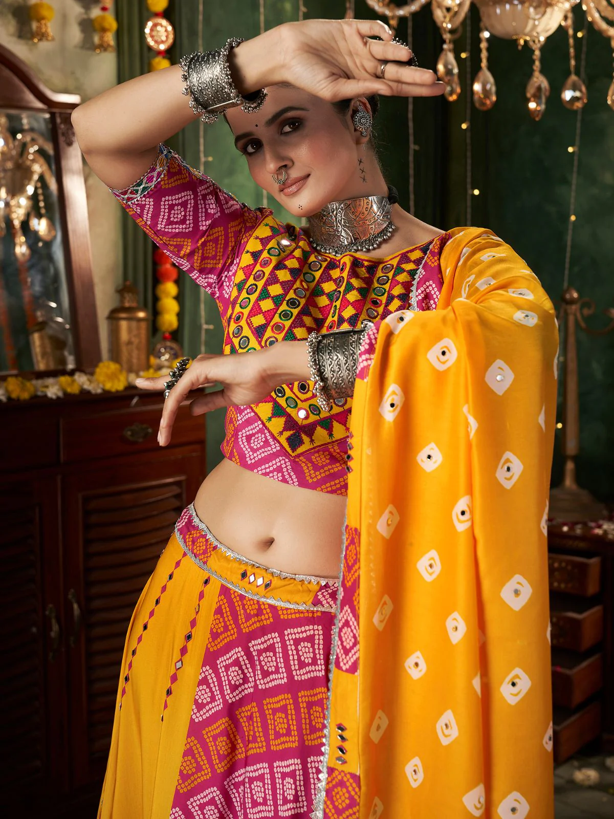 Odette Multicolor Cotton Blend Printed Stitched Lehenga With Blouse For Women - Image 5