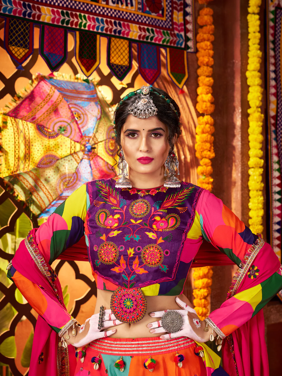 Odette Multicolor Cotton Blend Printed With Mirror Work Semi-Stitched lehenga For Women - Image 5