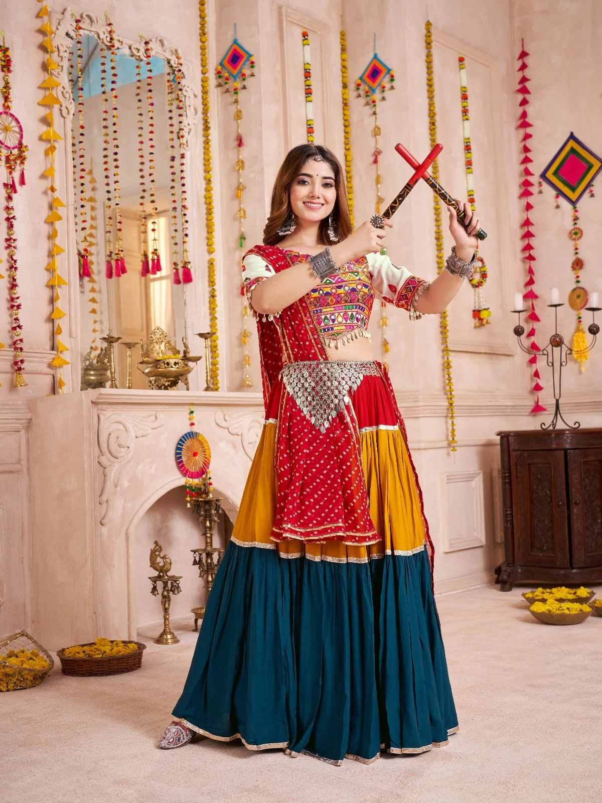 Odette Multicolor Cotton Blend Solid With Golden Border Semi-Stitched Lehenga For Women - Image 3