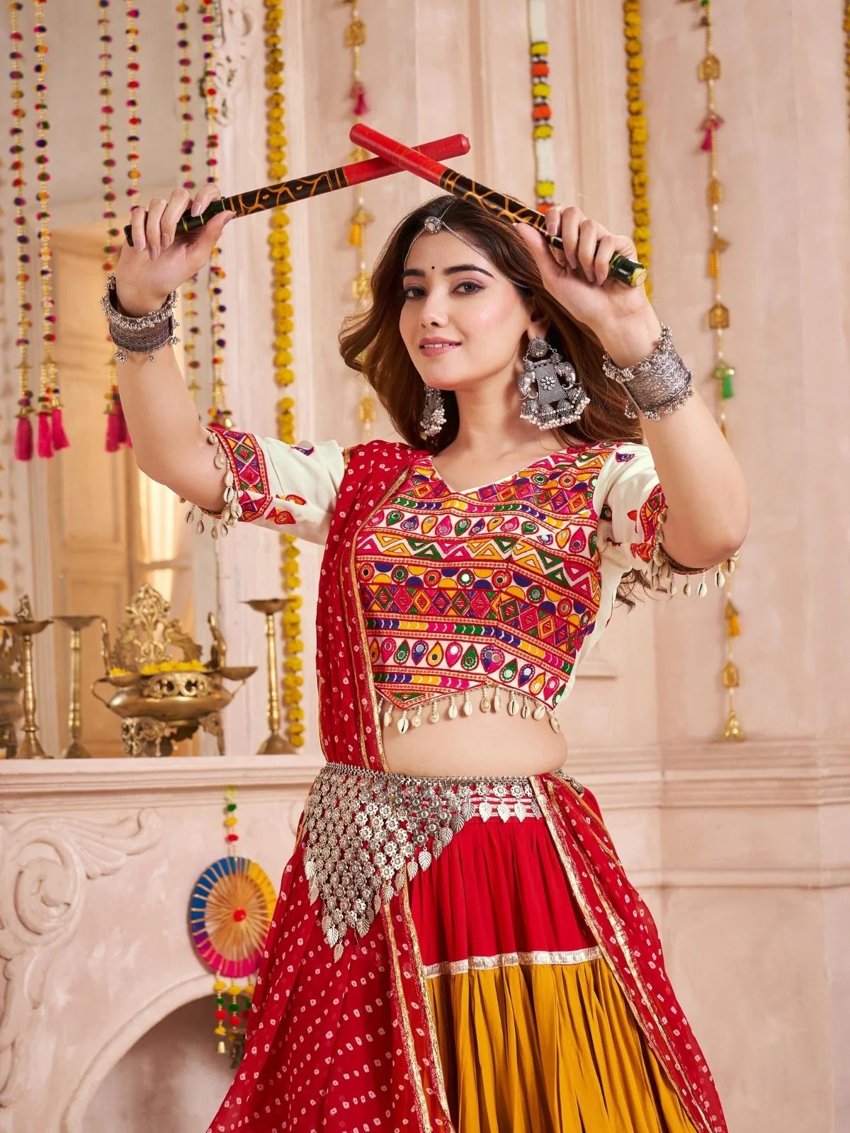 Odette Multicolor Cotton Blend Solid With Golden Border Semi-Stitched Lehenga For Women - Image 4