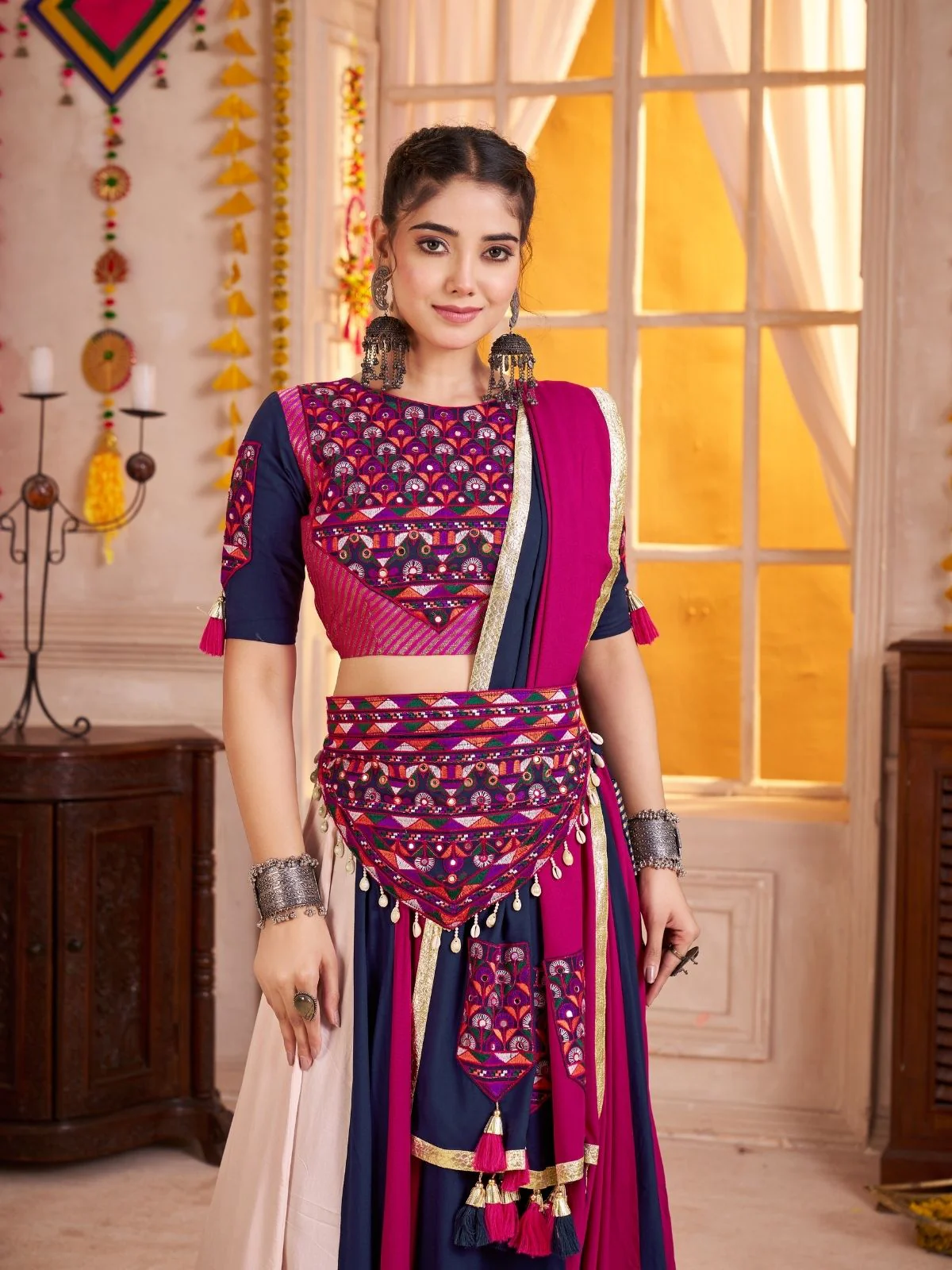 Odette Multicolor Cotton Blend Solid With Golden Border Semi-Stitched Lehenga For Women - Image 4