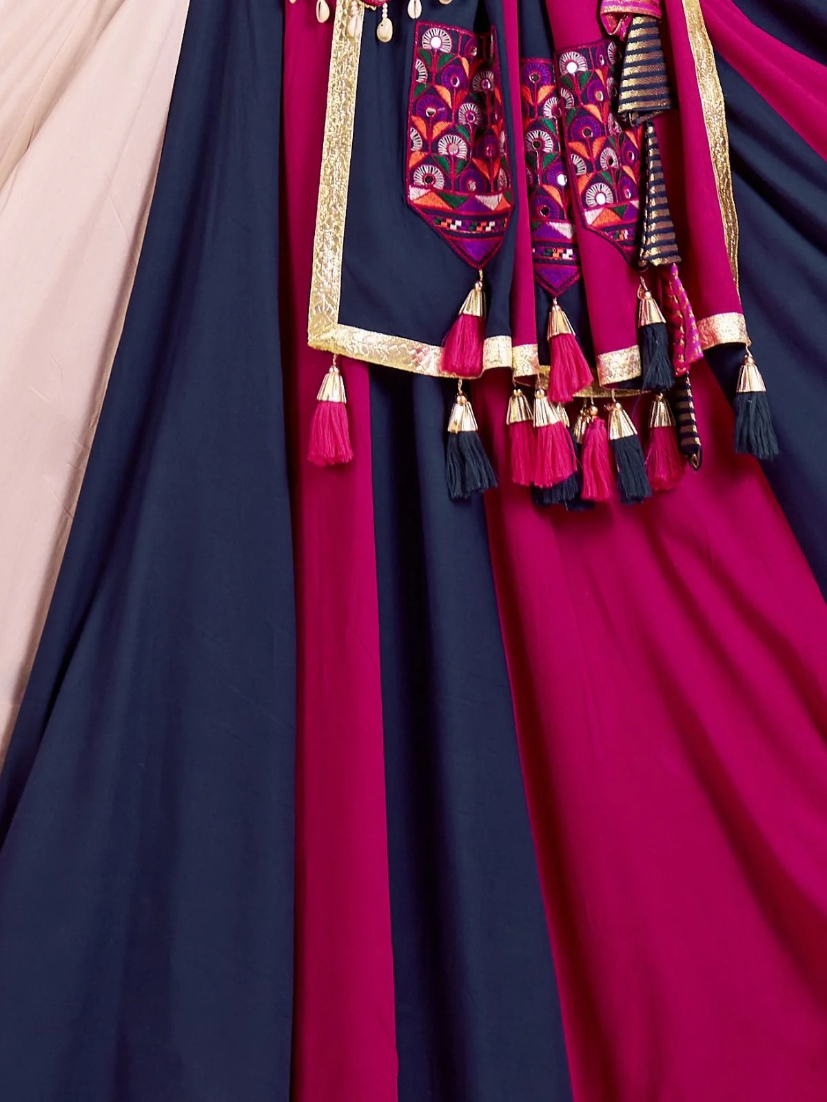 Odette Multicolor Cotton Blend Solid With Golden Border Semi-Stitched Lehenga For Women - Image 5
