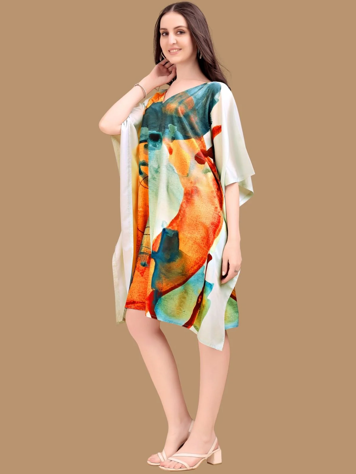 Odette Multicolor Crepe Printed Kaftan For Women - Image 2