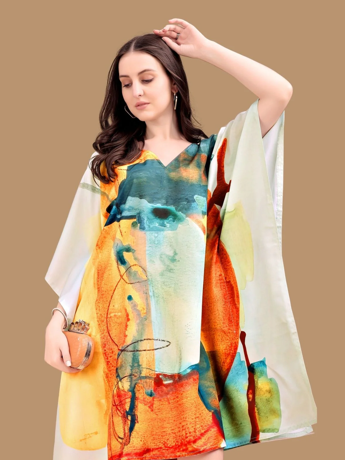 Odette Multicolor Crepe Printed Kaftan For Women - Image 4