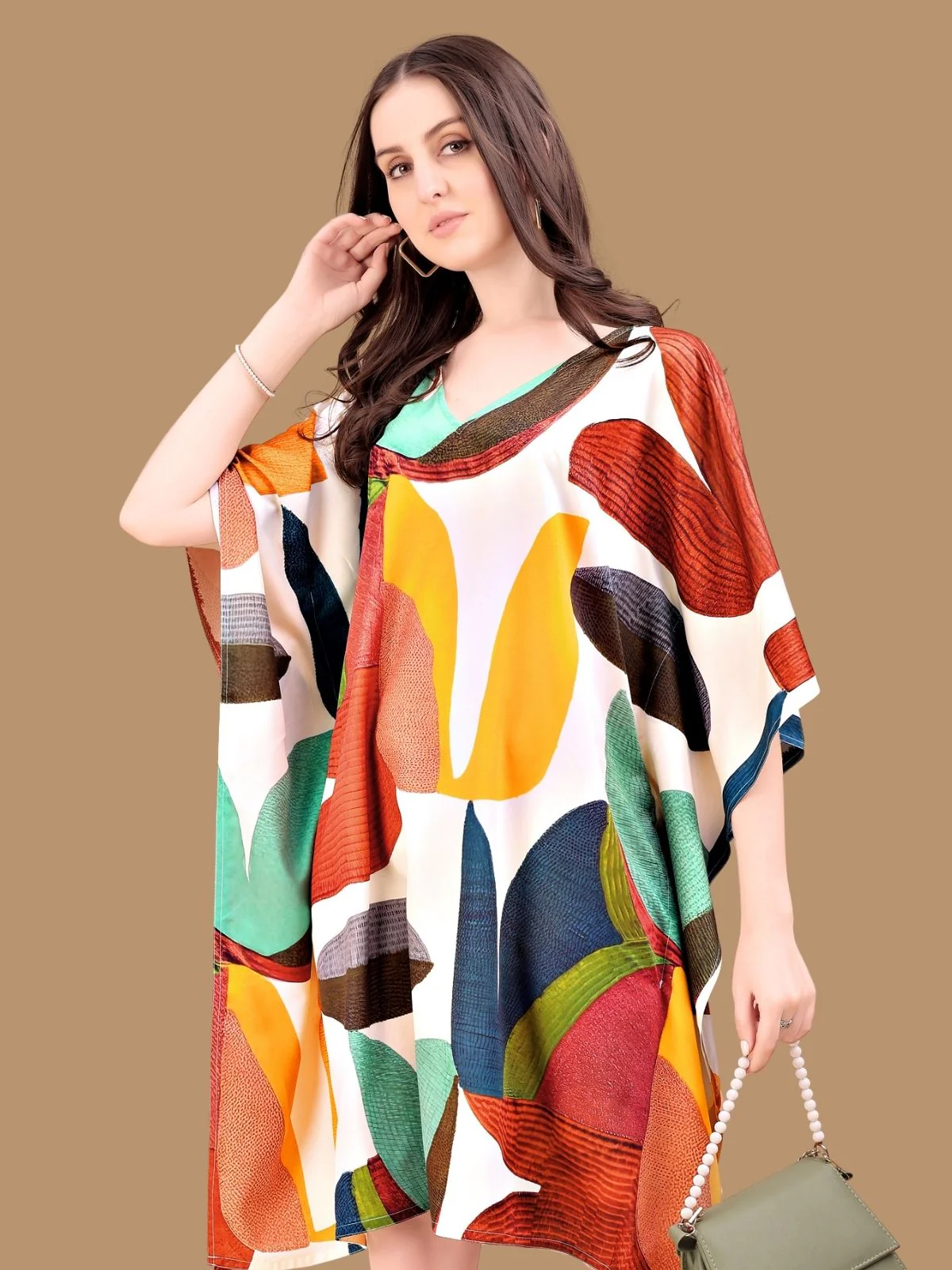 Odette Multicolor Crepe Printed Kaftan For Women - Image 4