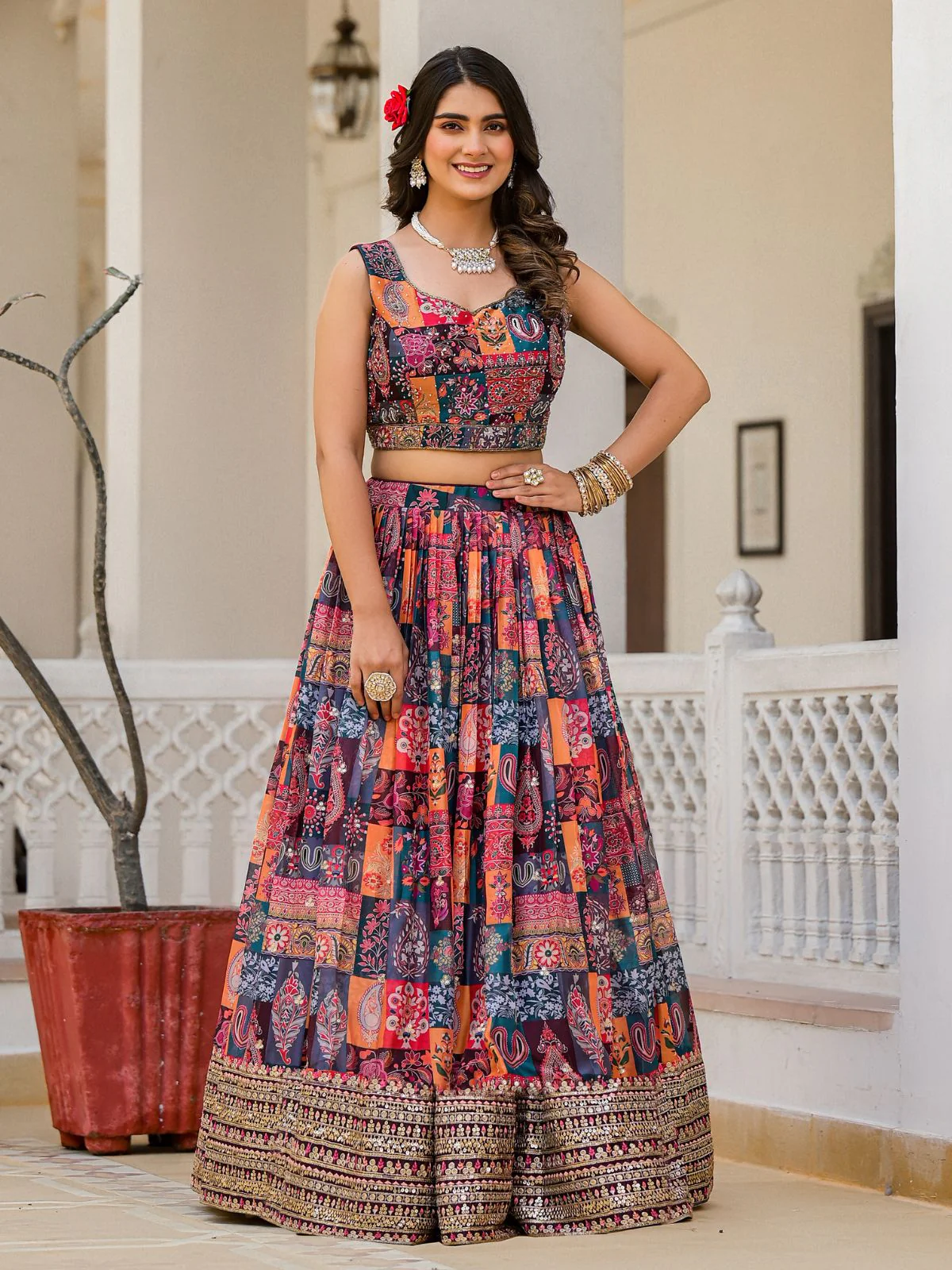 Odette Multicolor Georgette  Digital Printed With Sequins Work Stitched lehenga For Women - Image 3