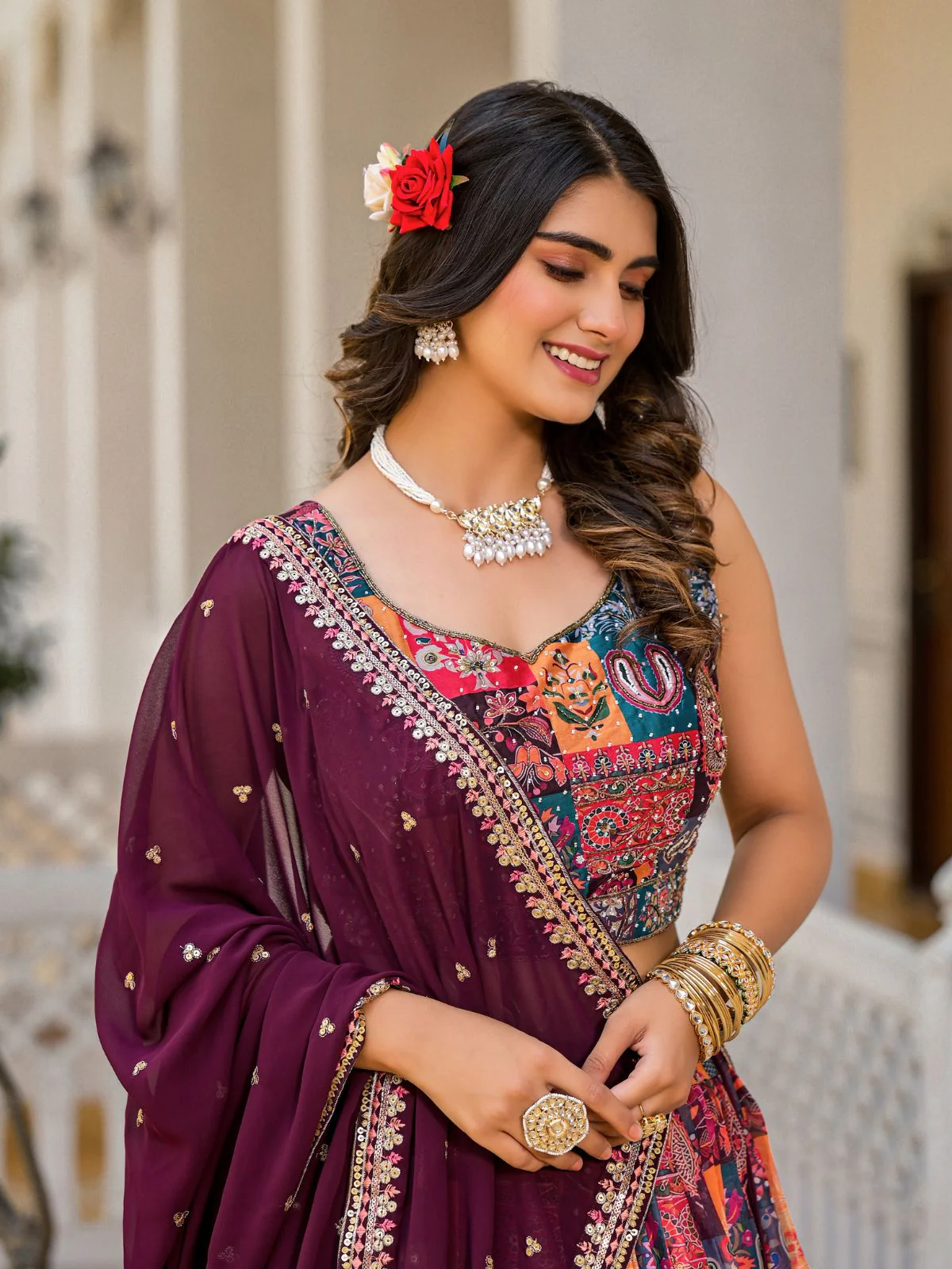 Odette Multicolor Georgette  Digital Printed With Sequins Work Stitched lehenga For Women - Image 4