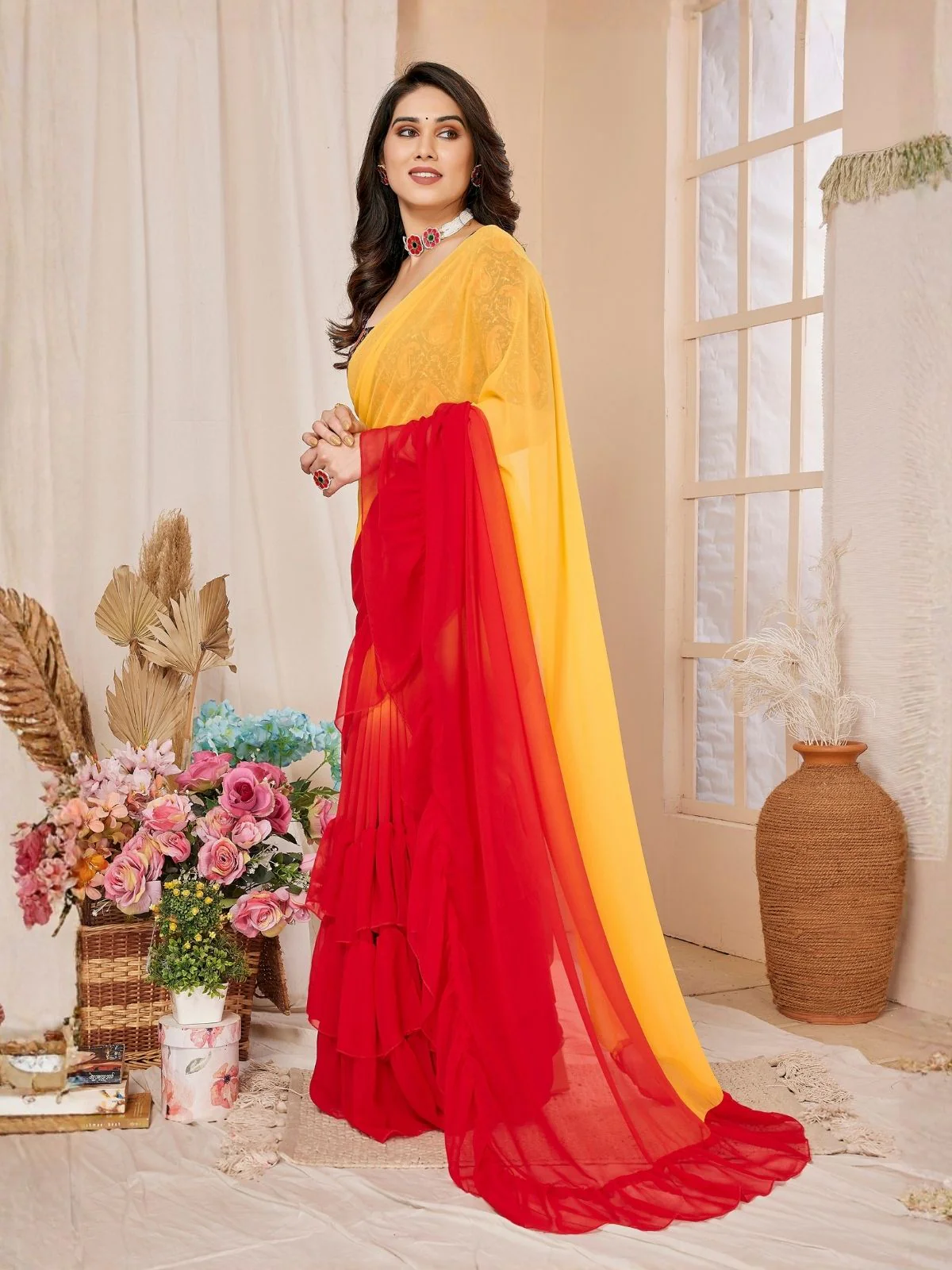 Odette Multicolor Georgette Embellished And Ruffle Saree For Women - Image 2