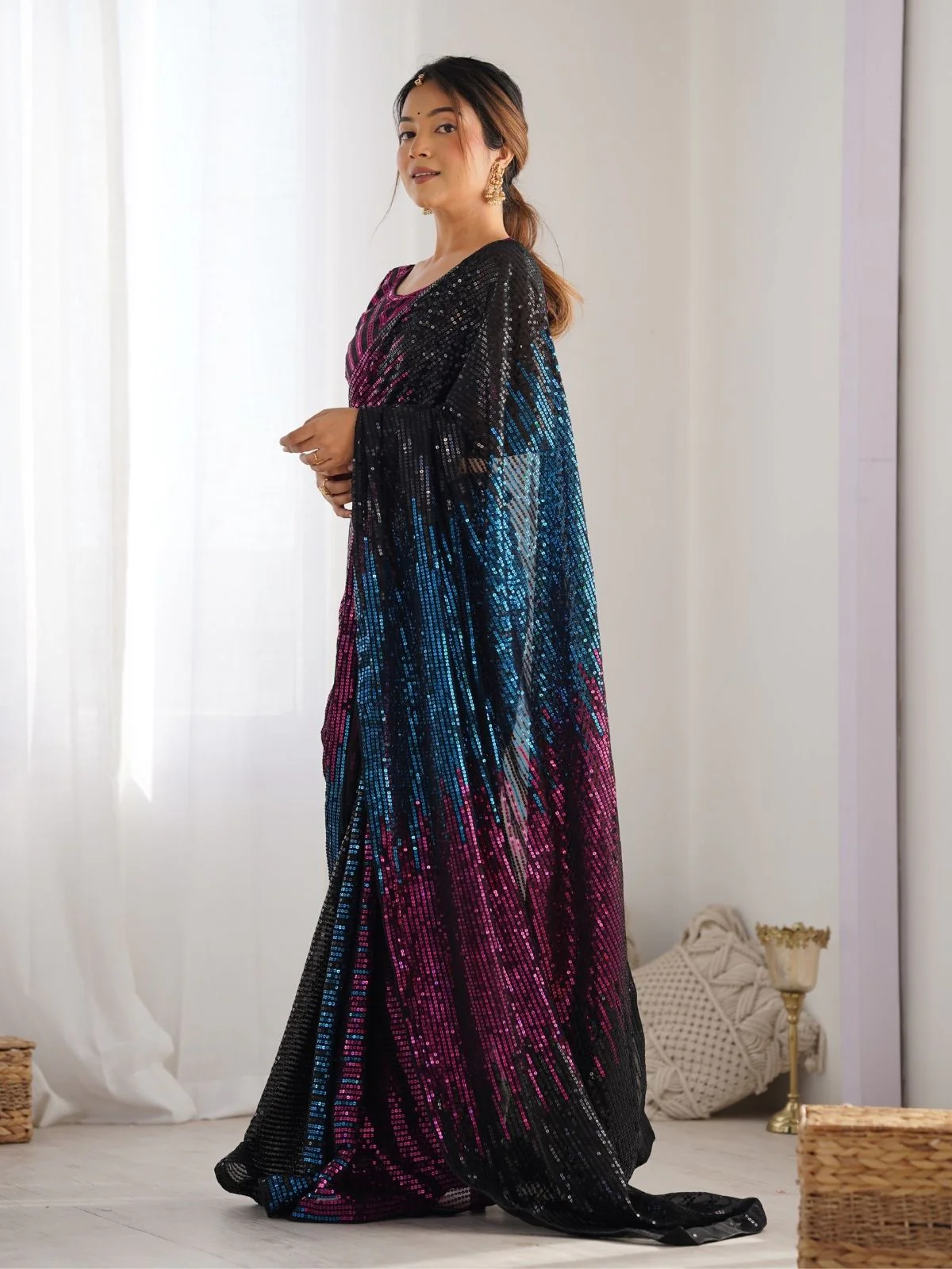 Odette Multicolor Georgette Embellished Saree With Unstitched Blouse For Women - Image 2