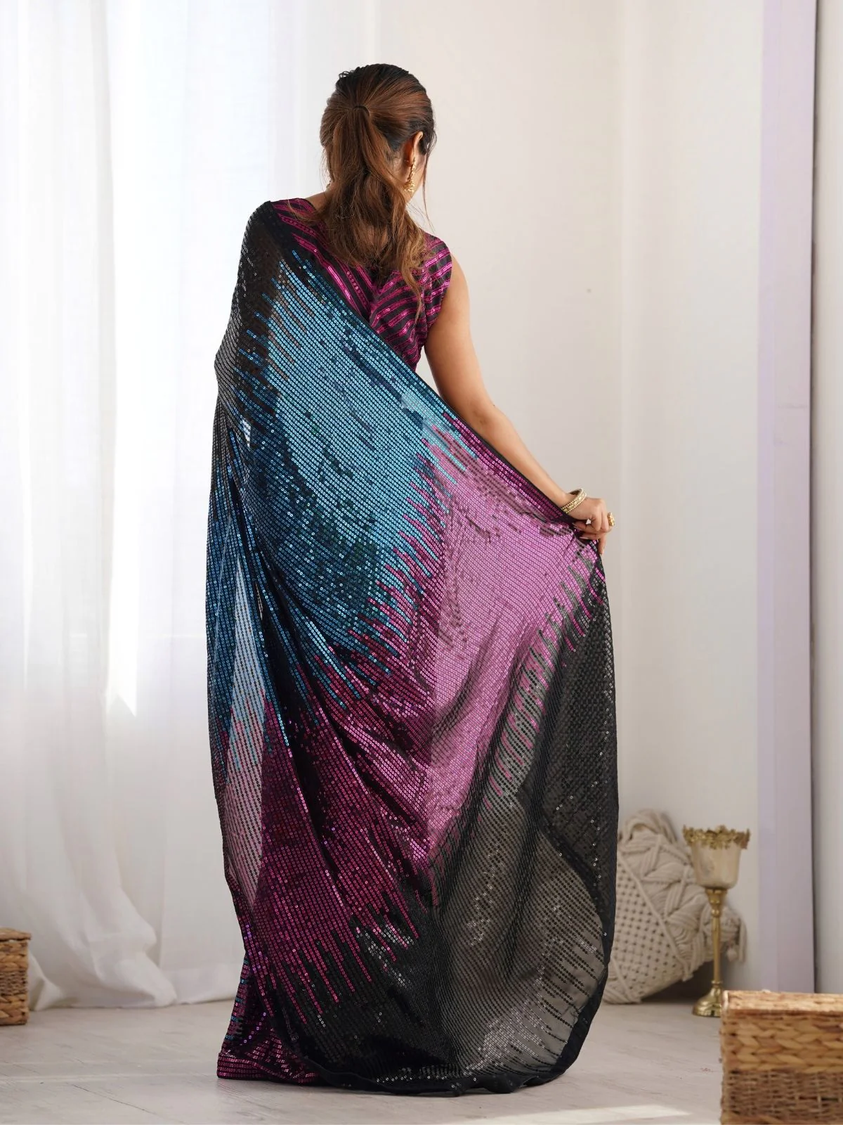 Odette Multicolor Georgette Embellished Saree With Unstitched Blouse For Women - Image 3