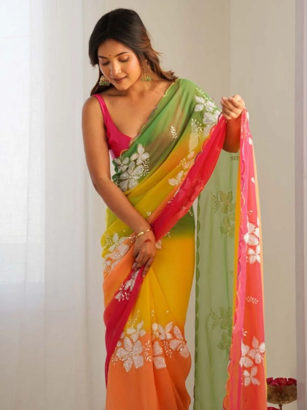 Odette Multicolor Georgette Embroidered Saree For Women - Image 2
