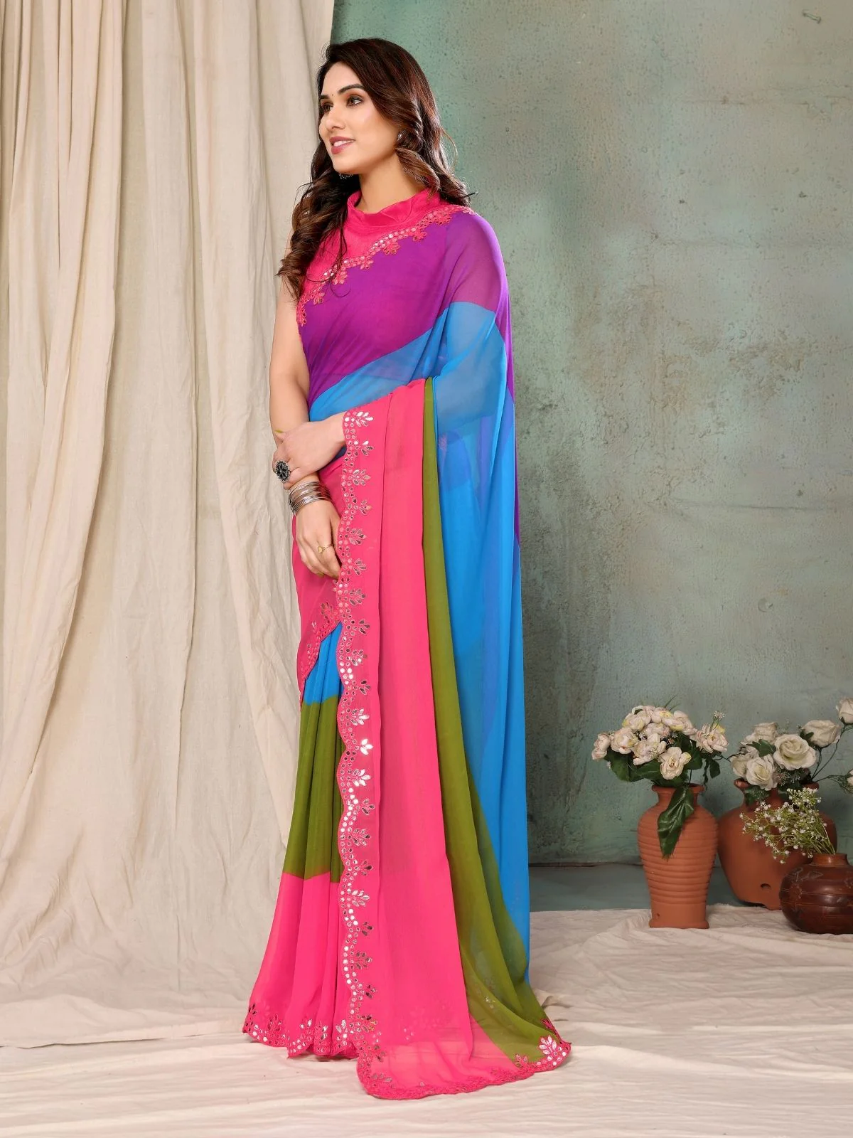 Odette Multicolor Georgette Embroidered Saree For Women - Image 2