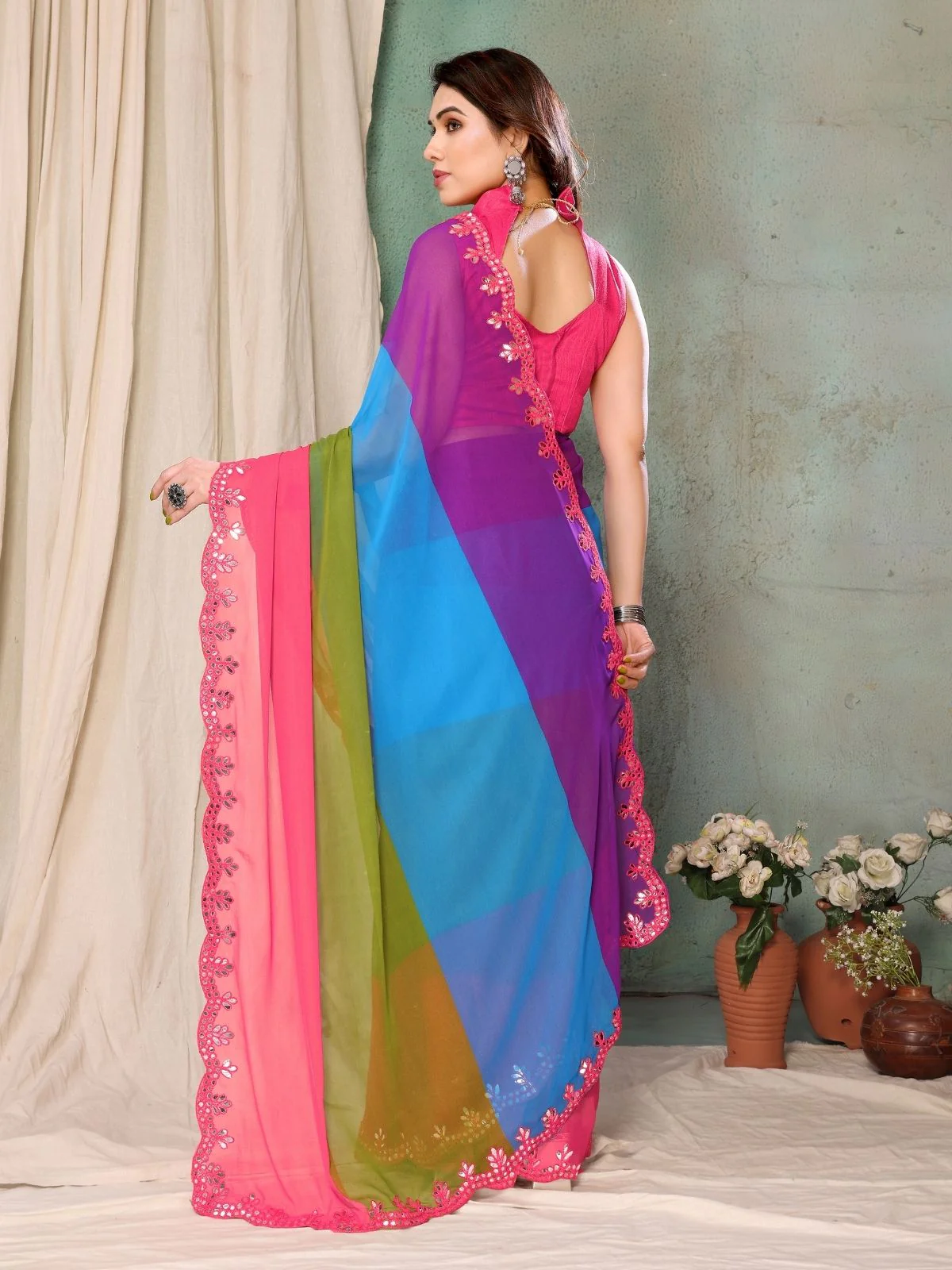 Odette Multicolor Georgette Embroidered Saree For Women - Image 3